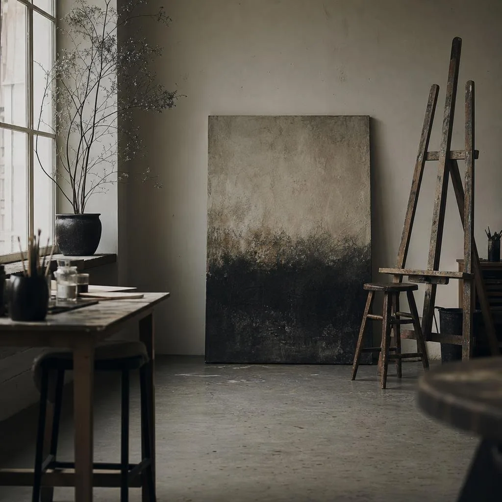 Photographer's quiet workspace with prints and daylight