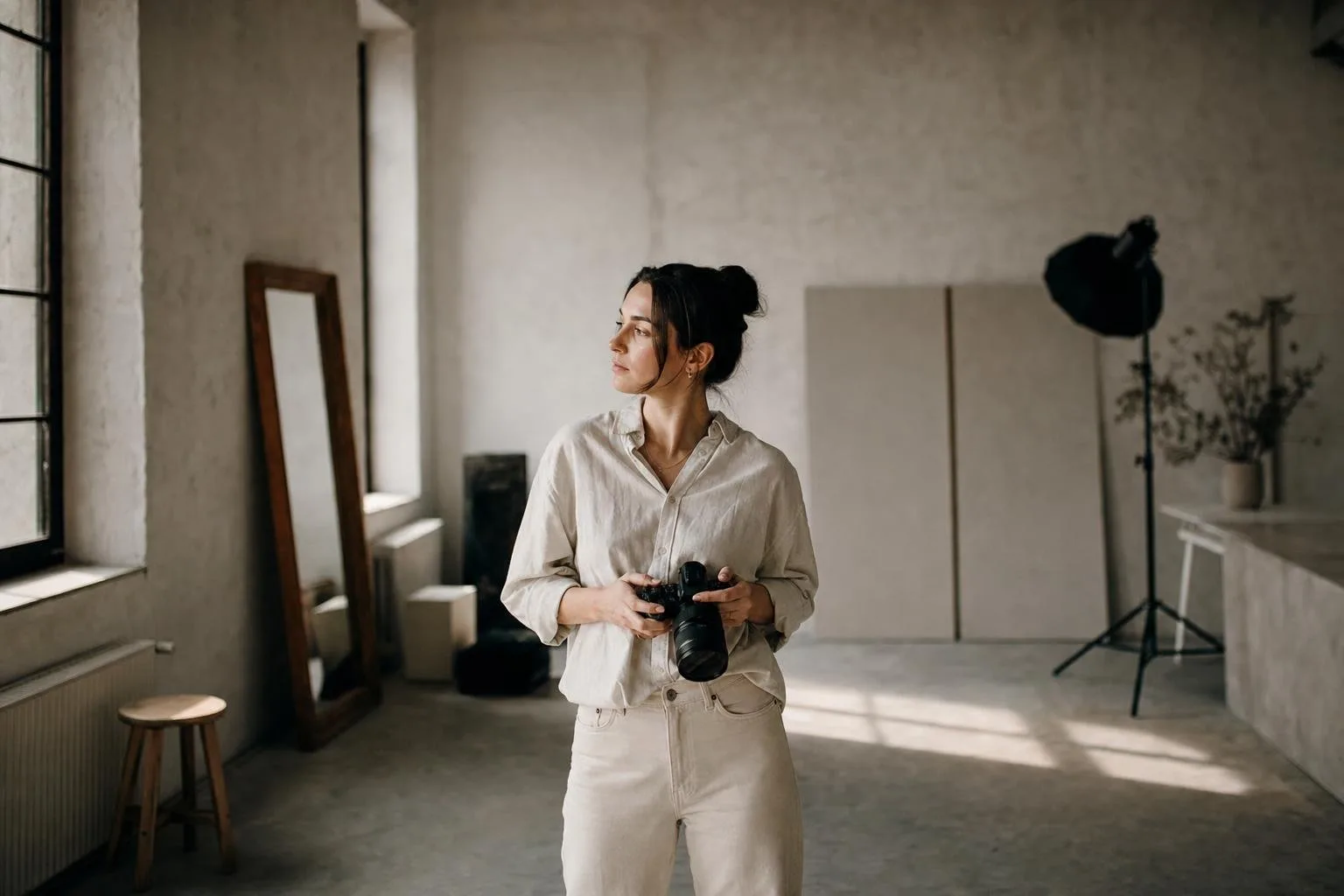 Muted studio interior with soft daylight from a tall window